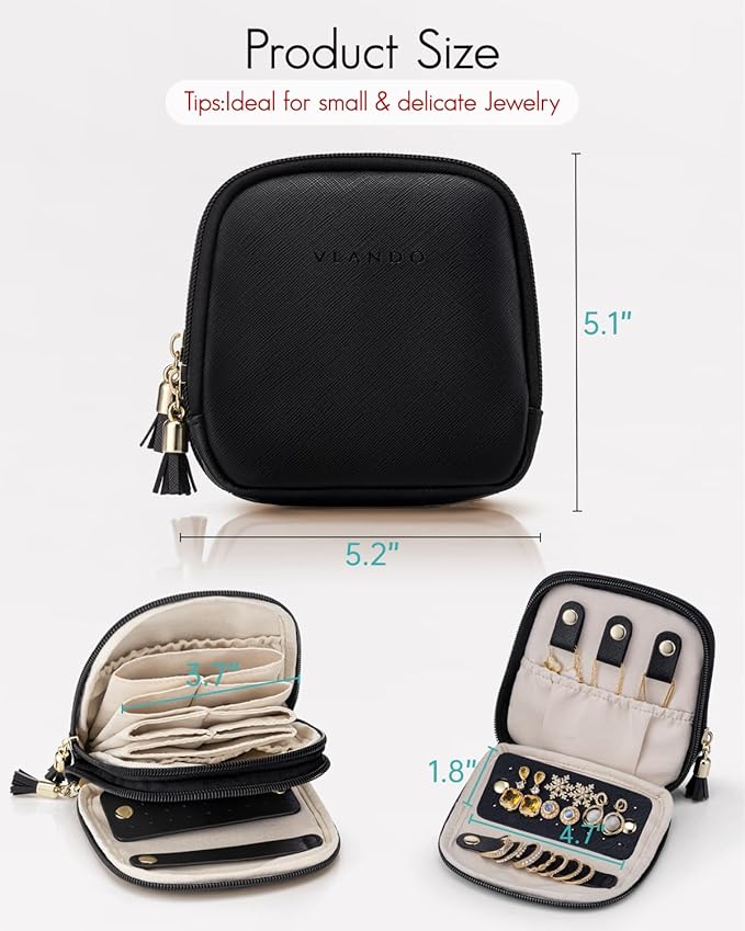 VLANDO Travel Jewelry Case,2-Layer Jewelry Organizer for Travel,Mothers Day Mom Gifts,Multi-Compartment Jewelry Storage for R