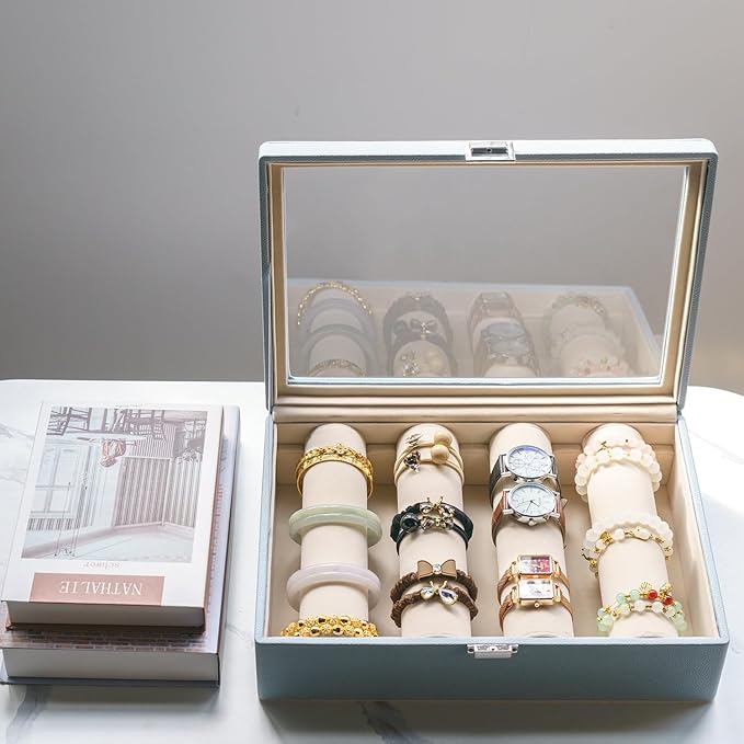 Bracelets Organizer Rods Bangles Display Holder, Clear See through Lid Leather Velvet Jewelry Storage Box Case for Women, 4 R