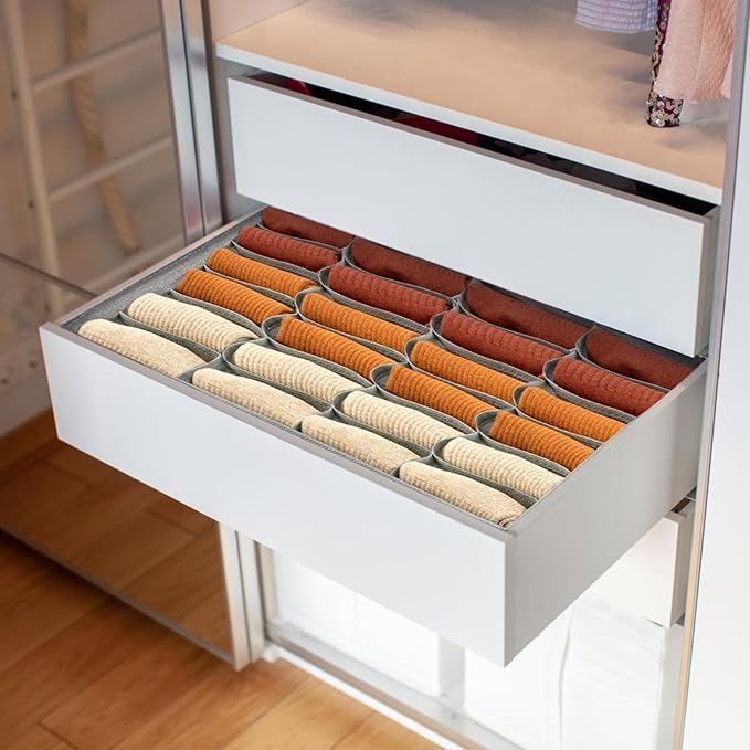 2 Pack 48-Cell Fabric Sock Organizer and Tie Organizer For Men - Fabric Foldable Drawer Divider for Socks, Underwear, Ties an