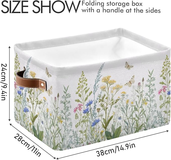 xigua Vintage Colorful Herbs Wild Flowers Floral Storage Basket Collapsible Toy Storage Bins Waterproof Canvas Storage Basket