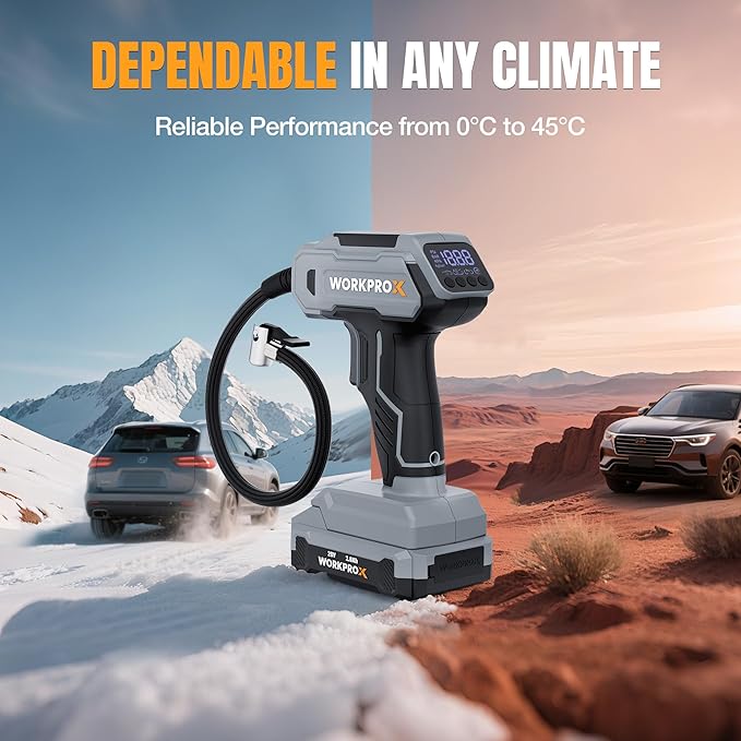 WORKPROX Tire Inflator Portable Air Compressor, 150 PSI Cordless Car Tire Pump with Digital Pressure Gauge, Fast Inflation, Rechargeable Battery & 12V DC Power, for Cars, Motorcycles, Bikes, Balls