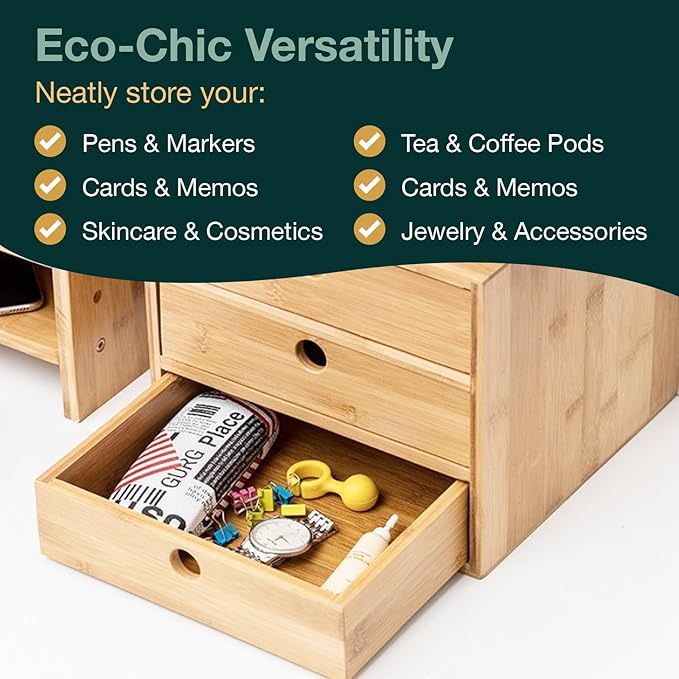 Set of 3 Bamboo Organizer Desktop Drawers - 1, 2, 3 Drawer Storage Organizer Ideal for Desk Accessories, Office Supplies, Mak