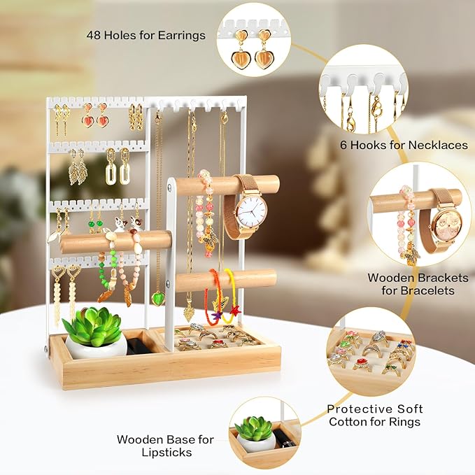 Godboat Jewelry Organizer, 4-Tier Earring Holder Organizer with 48 Holes, 6 Hooks Necklace Rack, Bracelet and Ring Stand with