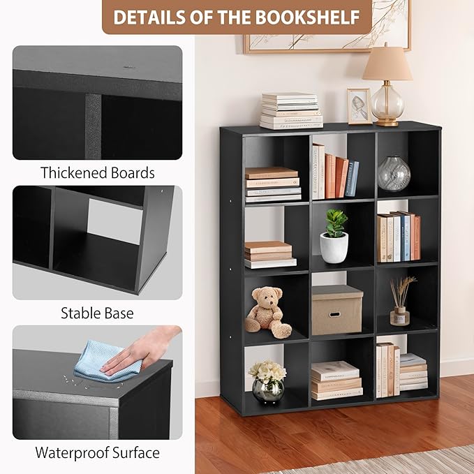 SUPER DEAL 12 Cube Storage Organizer, Open Shelf Bookcase, Wood Cubical Shelves Closet Cabinet Display Unit with 6 Removable 