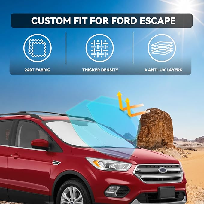 for Ford Escape 2013-2019 Windshield Sun Shade - 4 Layers Car Sunshades for Front Windows Shade Cover Custom Fit Escape Sun Visor 250T Retractable Shade Blocks UV Rays Car Accessories