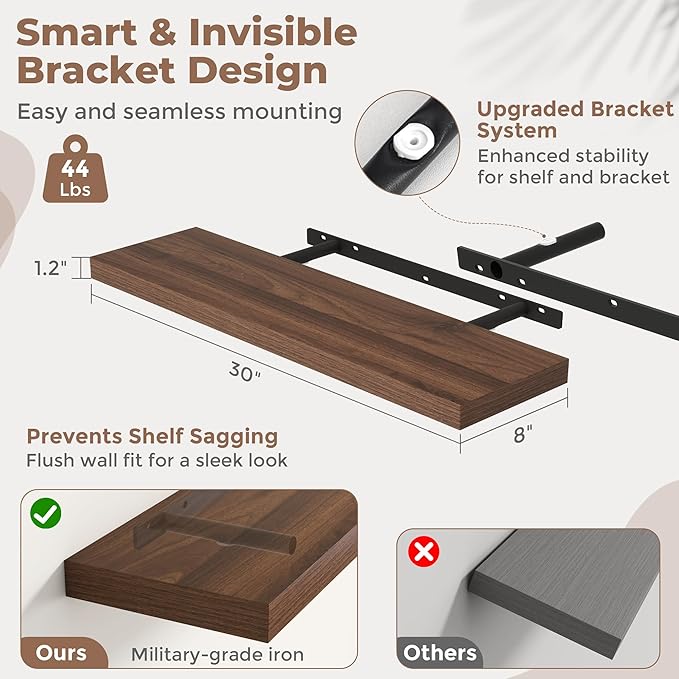 30 Inch Floating Shelves for Wall Set of 2, 8"D Wood Grain Bathroom Shelves with Invisible Brackets, Easy Install Engineered 
