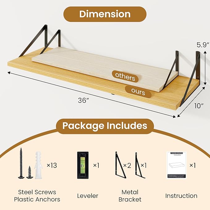 Deep Floating Shelves for Wall,36" Wx10 D Wood Wall Shelves with Metal Brackets,Hanging Storage Floating Shelf for Living Roo