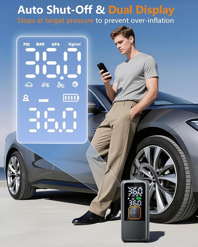 Tire Inflator Portable Air Compressor, 150 PSI Rechargeable Air Pump with Digital Pressure Gauge and LED Light, Smart Auto-Off Tire Pump for Car, Motorcycle, Bike, Ball