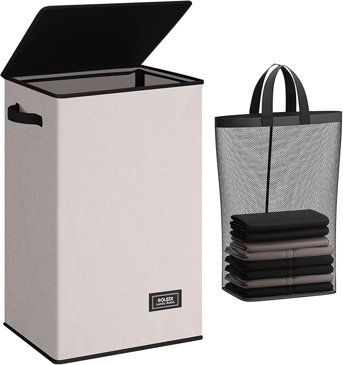SOLEDI Laundry Hamper with Lid 90L Large & Tall Collapsible Laundry Basket, Clothes Hamper with Bag Removable Easy to Carry, 