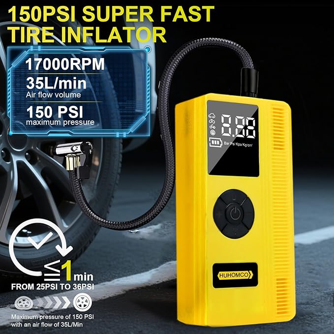 7-in-1 Car Jump Starter with Air Compressor, 3000A Portable 12V Power Pack, 150PSI Digital Tire Inflator for 9L Gas/7L