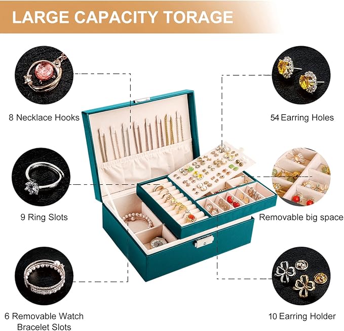 Jewelry Organizer Box Leather Jewelry Box for Girls Womens Earring Organizer with Lock Double Layers Jewelry Case Removable T