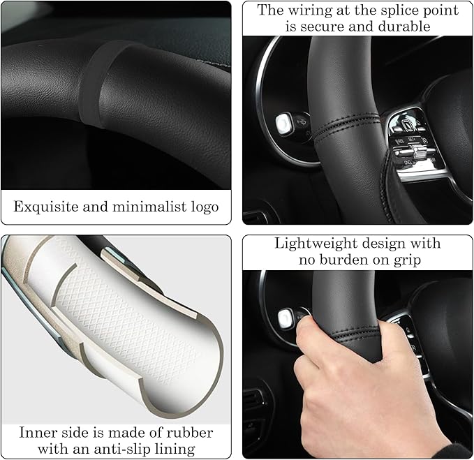 All Black Car Steering Wheel Cover, Nappa Leather, Bottom Color Blocking, Universal 14.5-15 Inch Leather Anti-Slip Breathable