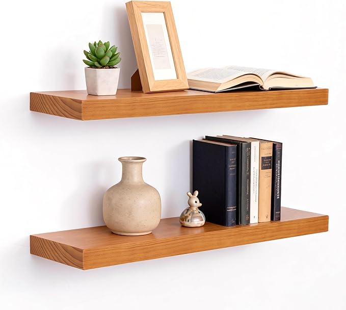 Floating Shelves for Wall 24 Inch Solid Real Wood Shelves Set of 2 Rustic Farmhouse Wall Mounted Wood Shelf for Bedroom Livin