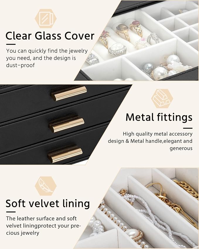 AKOZLIN Jewelry Box with Clear Lid Functional Leather Jewelry Storage Organizer Case 4 Drawers for Women Girls Necklace Ring 