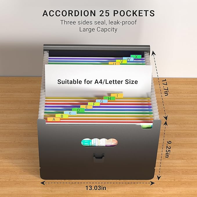 25 Pockets Expanding File Folders,Accordion File Organizer,Portable Filing Box with Plastic Handle,Expandable File Folder,Mon