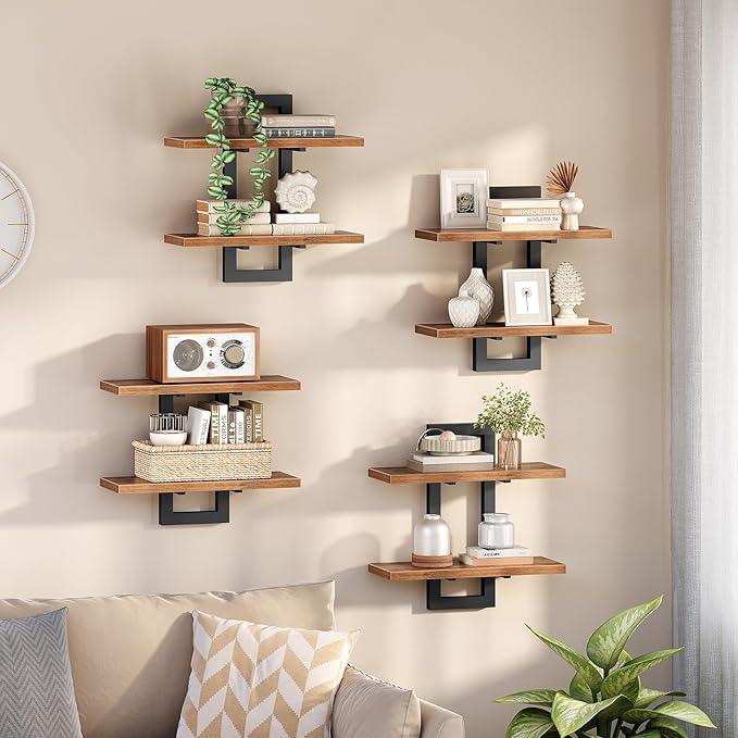 HOOBRO Floating Shelves, 15 Inch Wall Shelf Set of 4, Wall Mounted Storage Shelves 2-Tier, Hanging Bathroom Shelves, for Livi