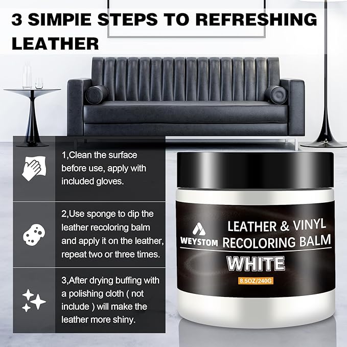 Leather Recoloring Balm - White Leather Repair Kit for Furniture, Dye, Recolor, Renew, Repair & Restore Aged, Faded, Cracked,