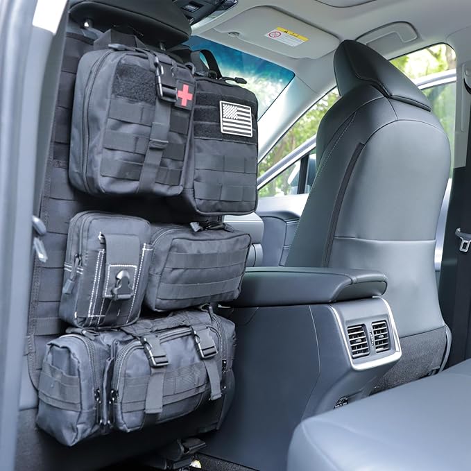 tactical car seat back organizer and storage truck seat covers with a Molle Vehicle Panel and 5 Different Size Molle Pouches for most models such as Jeep,SUV,Pickup(Black)