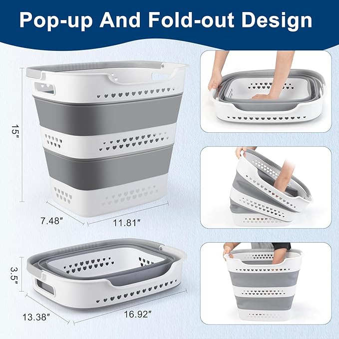 Collapsible Laundry Baskets Foldable Pop Up Laundry Hamper Plastic with Comfort Handles Folding Laundry Basket Space Saving P