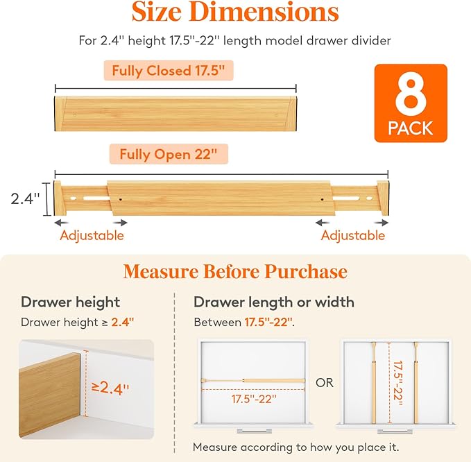 Lifewit 2.4" High 8 Pack Bamboo Drawer Dividers 45-55cm/17.5-22" Adjustable Wooden Drawer Organizer for Clothes/Utensils, Exp