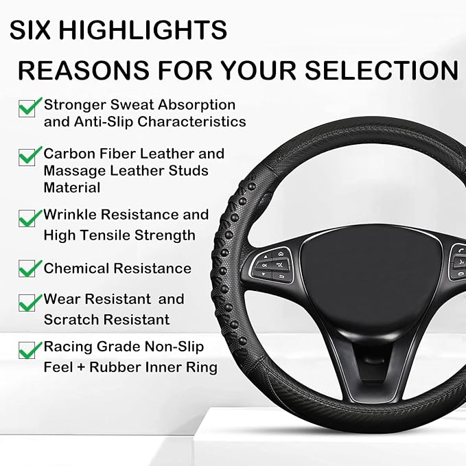 3D Massage Car Steering Wheel Cover,14.5-15 Inch Universal Black Carbon Fibre Leather Covers Breathable Anti-Slip Odorless St