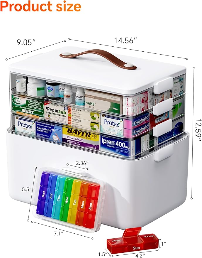 Large Medicine Cabinet Organizer with Tall Bottle Storage Bin & 7-Day Pill Box, 4-Tier Medicine Storage Organizer, Family Fir