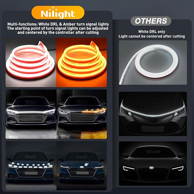 Nilight 59-Inch LED Hood Strip, White Dynamic Startup DRL Sequential Amber Turn Signal, Waterproof for Cars, SUVs & Trucks