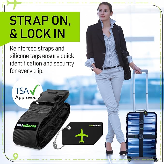 Untethered Ultimate Travel Set: 4 Premium Luggage Straps and 4 Silicone Tags - Secure & Identify Your Bags with Ease (Black +