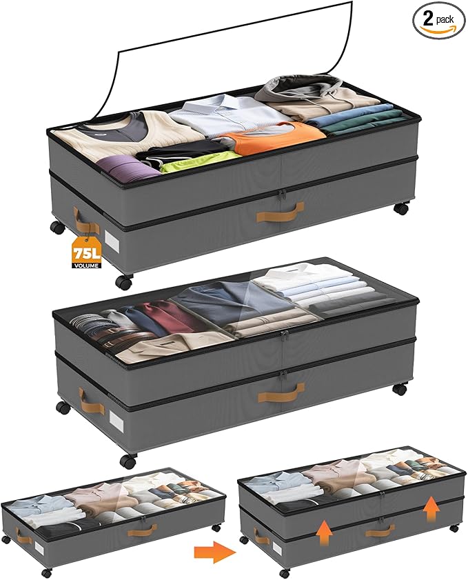 Under Bed Storage with Wheels 2-Pack, 75L XXL Under the Bed Storage Containers Large, 12" Tall Adjustable Storage for Underbe