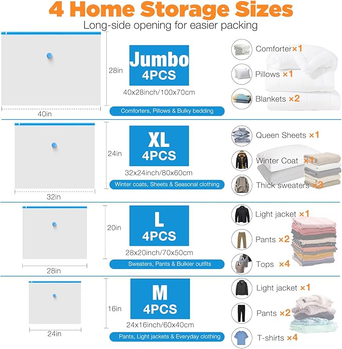 Vacuum Storage Bags with Cordless Pump, 16-Pack Space Saver Vacuum Seal Bags for Blankets, Clothes & Bedding, Reusable Compre