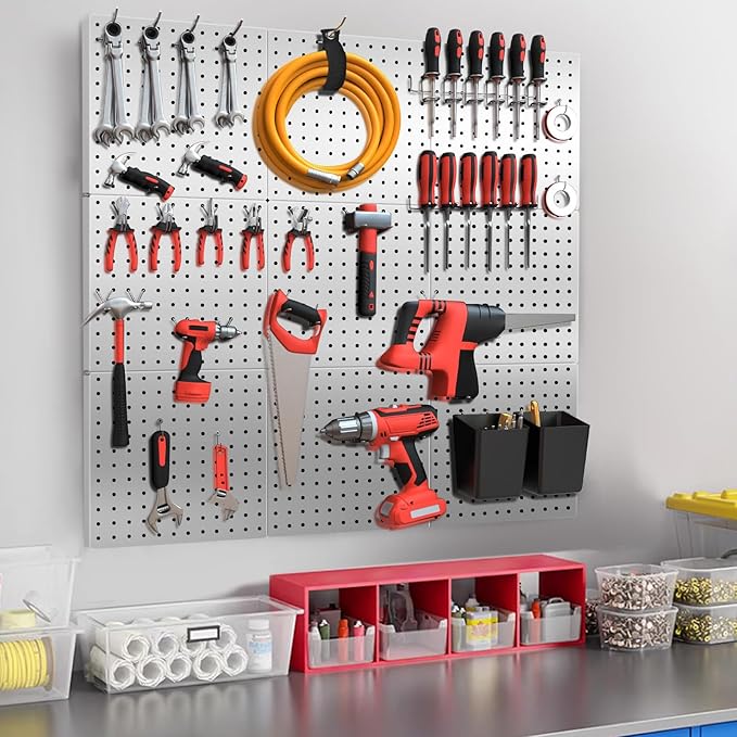 FZK Peg Board, 4 Pack Metal Pegboard Kit,Silver Pegboard Wall Organizer with 32 Pcs Hooks, Peg Board for Walls Home, Garage T