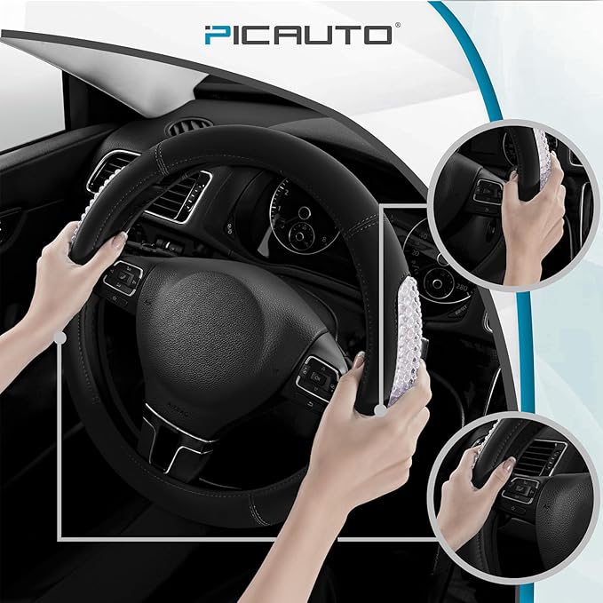 PIC AUTO Steering Wheel Cover, Glitter Gel Particles & Black Luxury Leather Car Steering Cover, Universal Fit 14.5"-15.5" Ant