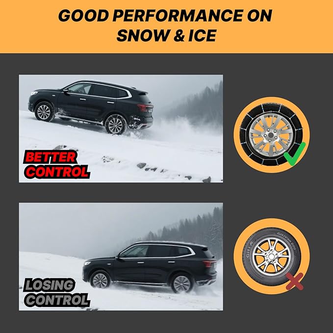 Snow Chains for Car Tires, Tire Chains for Passenger Cars, Sedan, SUVs, Quick Fit & Easy Installation, Portable Reusable Emer