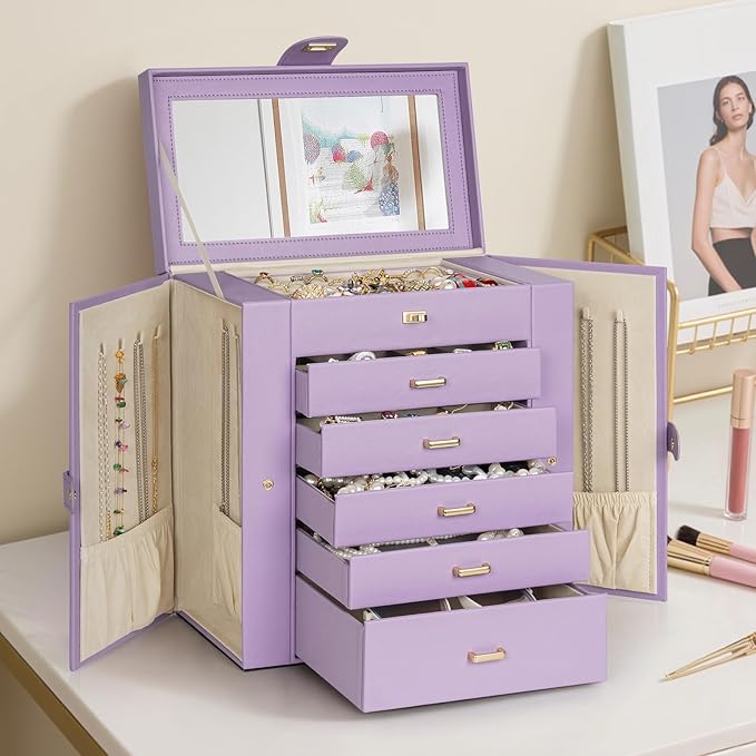 AKOZLIN Extra Large 6-Tier Jewelry Box Organizer Functional Huge, 5 Drawers Leather Jewelry Storage Case for Women Girls Ring