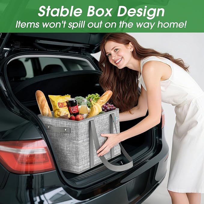 Fab totes Reusable Grocery Bags, Large Foldable Shopping Tote Bags with Reinforced Handles & Hard Bottom,2 Pack, Grey