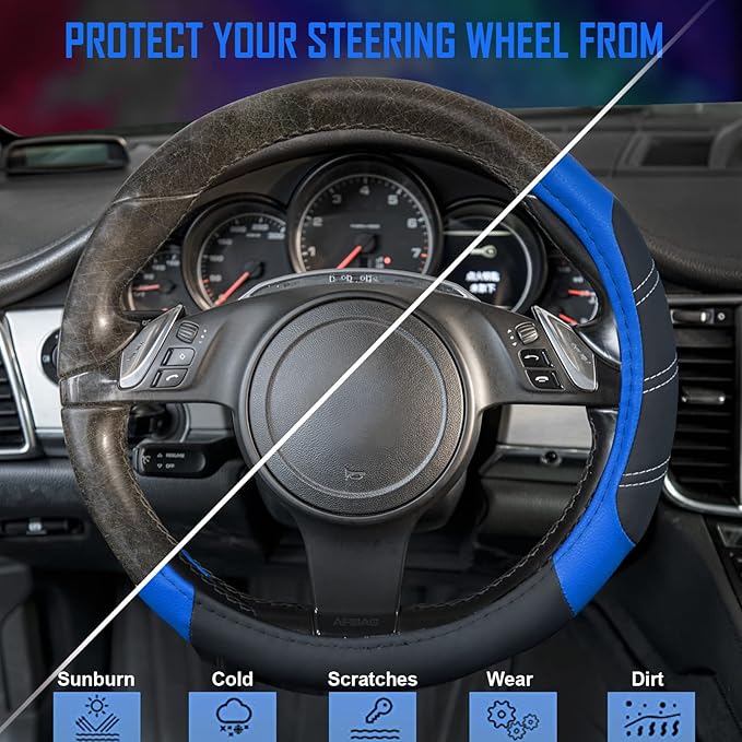CAR PASS Line Rider Microfiber 14 Inch Leather Sporty Steering Wheel Cover Universal Fits for Truck,SUV,Cars, Anti-Slip Safet