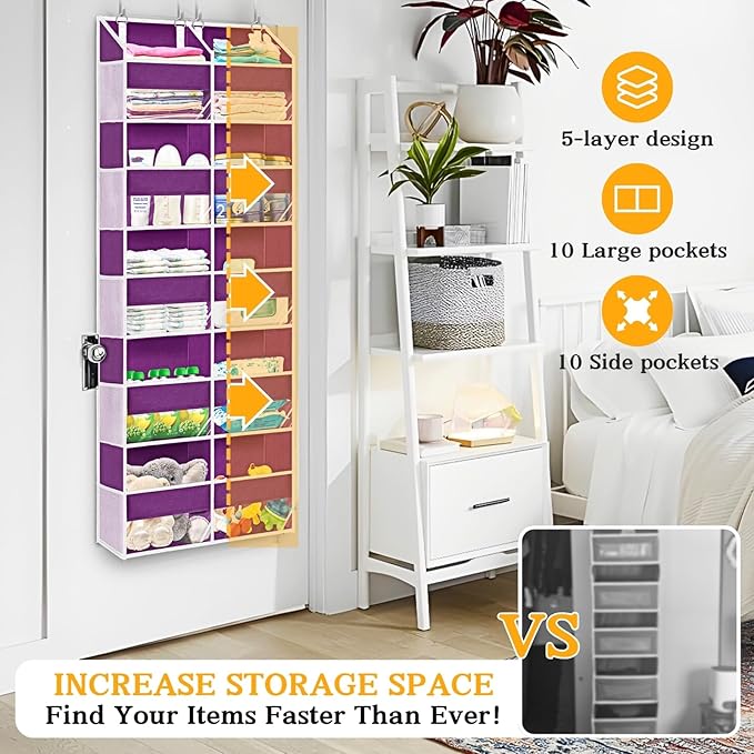 Over The Door Organizer 5 Tiers, Extra Large Behind Door Storage of 10 Compartments, 80 lbs Weight Capacity Hanging Storage O