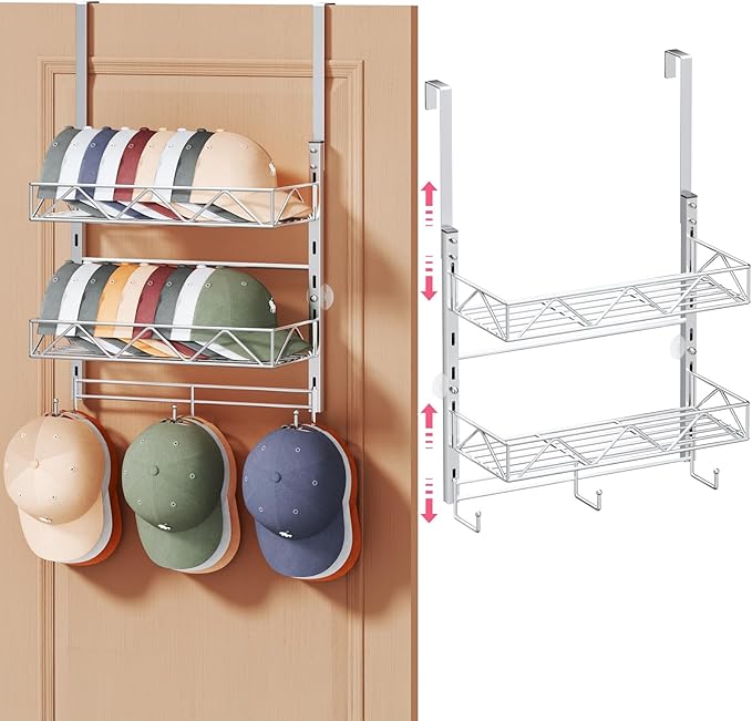 SWTYMIKI Over Door Hat Organizer - 3 Tier Wall Mounted Hat Rack with 2 Adjustable Metal Basket and 3 Hooks, Hanging Baseball 