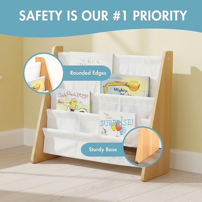 Humble Crew 4-Tier Kids Bookshelf, Natural Wood/White - Premium Book Shelf for Kids Rooms with Four Deep Pockets - Toddler Sl