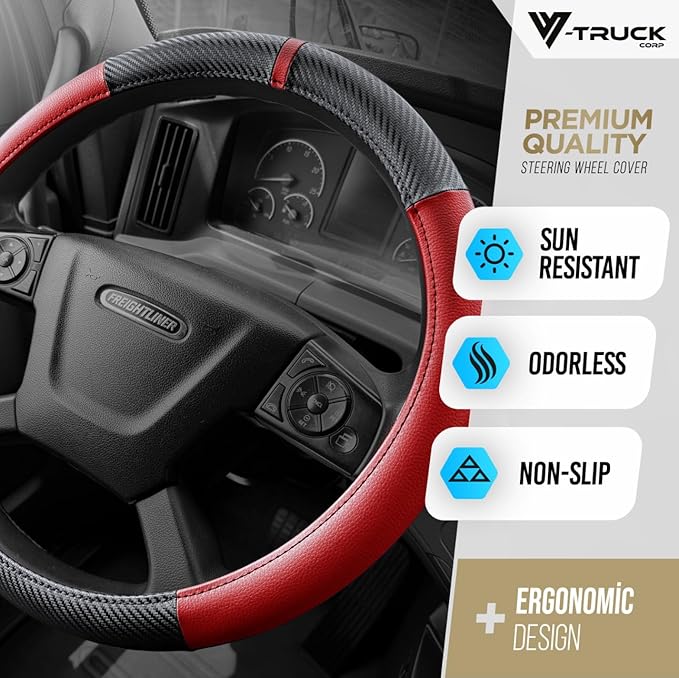 18-Inch Genuine Leather Steering Wheel Cover for Semi Trucks – Red with Black Carbon Fiber Imitation, Heavy-Duty Non-Slip Grip, Universal Fit, Easy Installation