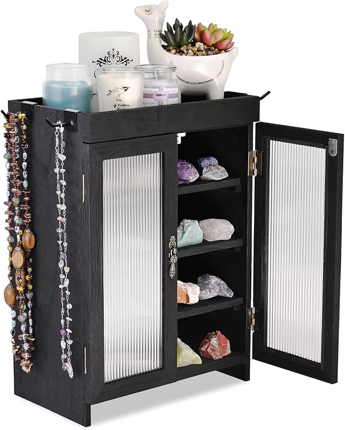 Ikee Design Wooden Countertop Storage Cabinet with Wavy Magnetic Door, Adjustable Shelves, Removable Hooks. Perfect for Perfu