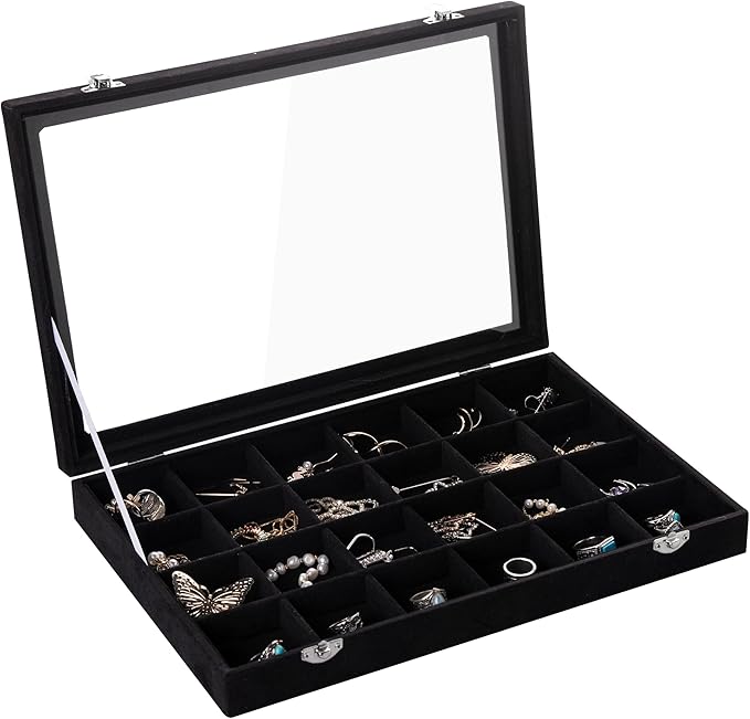 Frebeauty Velvet Jewelry Tray,24 Grid Jewelry Organizer with Clear Lid,Earring Holder Organizer with Clasp,Drawer Insert Ring