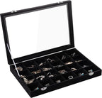 Frebeauty Velvet Jewelry Tray,24 Grid Jewelry Organizer with Clear Lid,Earring Holder Organizer with Clasp,Drawer Insert Ring
