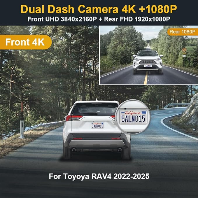 Fitcamx Front 4K+Rear 1080P Dash Cam Adapts for Toyota RAV4 2022-2025 (Model B/with Vents on Cover), Integrated OEM Look, WiF