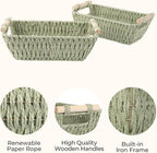 StorageWorks Round Paper Rope Woven Basket with Wooden Handles for Gifts, Small Woven Baskets for Shelf, Bosana Green, 2-Pack