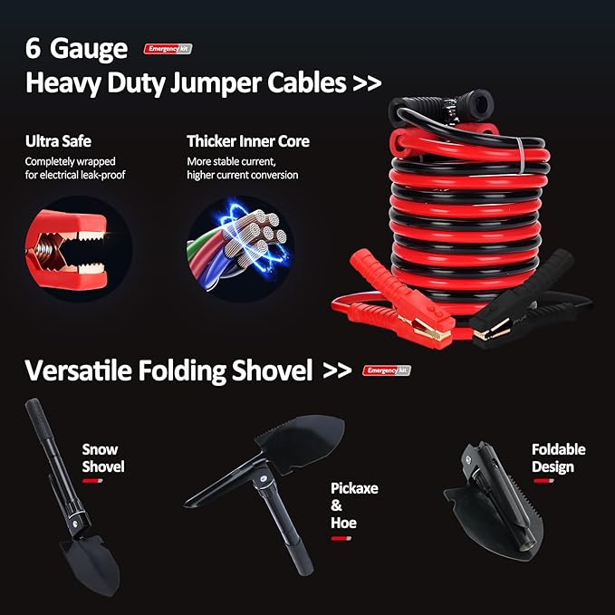 Vetoos Car Roadside Emergency Kit with Jumper Cables, Auto Road Side Safety Kit for Vehicles - with Premium Carry Bag, Repair