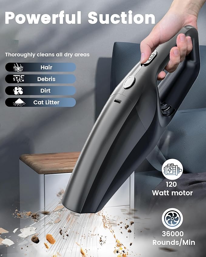 Handheld Vacuum Cordless, Car Vacuums Powerful with Rechargeable Battery, Portable Hand Held Vacuum Cordless with Washable HE