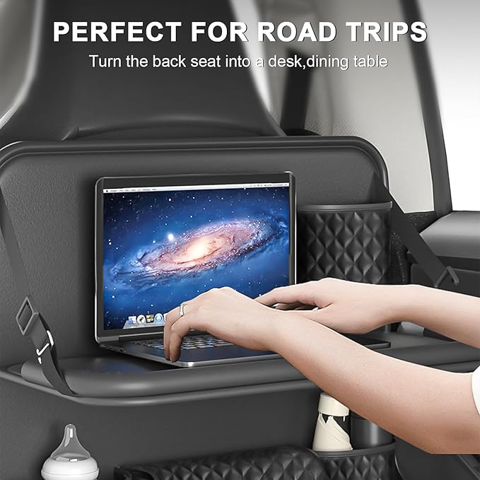 Universal Car Backseat Organizer with Tablet Holder & Foldable Tray - Heavy-Duty Kick Mats Seat Protector for Kids, Waterproof Multi-Pocket Storage for Road Trips, Cars, SUVs