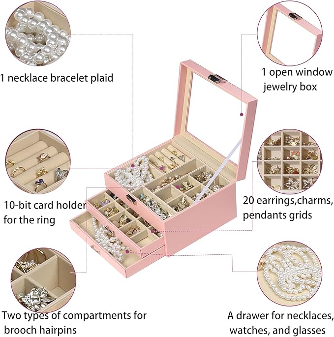 BOOVO Clear Lid Jewelry Box,3 Layers Jewelry Organizer Large Multi-Functional Jewelry Storage Box with 2 Drawers,Jewelry Disp
