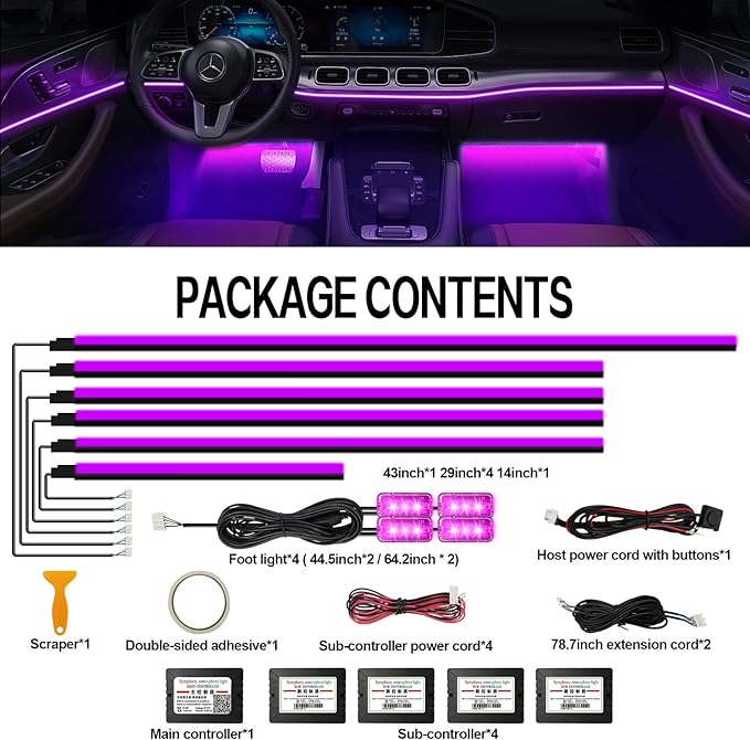 Acrylic Interior Car Lights, WEBUPAR Car Accessories 10 in 1 Car LED Strip Lights with APP Control, 175 inches 593 LEDs Fiber Optic Lights, RGB Neon Light Kits